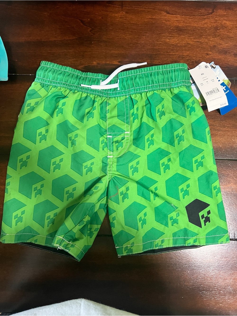 Bright Green Patterned Kids Swim Shorts with Drawstring